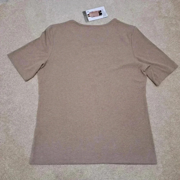 NWT Mondetta Ribbed Short Sleeved Henley XL Scoop Neck Top Womens Beige Tan - Picture 6 of 11
